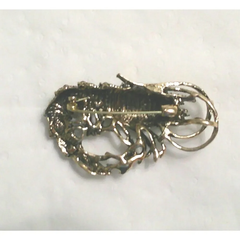 Shrimp Brooch Rhinestones on Silver Tone Metal Very Detailed Smaller Size